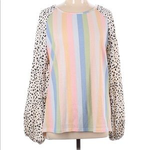 Waffle knit pastel puff sleeve blouse